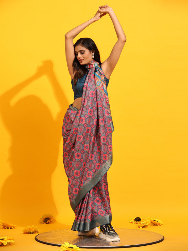 Red Silk Blend Woven Zari Design Geomatric Saree with Unstitched Blouse - Hiral Fashion
