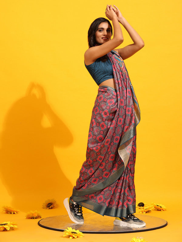 Red Silk Blend Woven Zari Design Geomatric Saree with Unstitched Blouse - Hiral Fashion