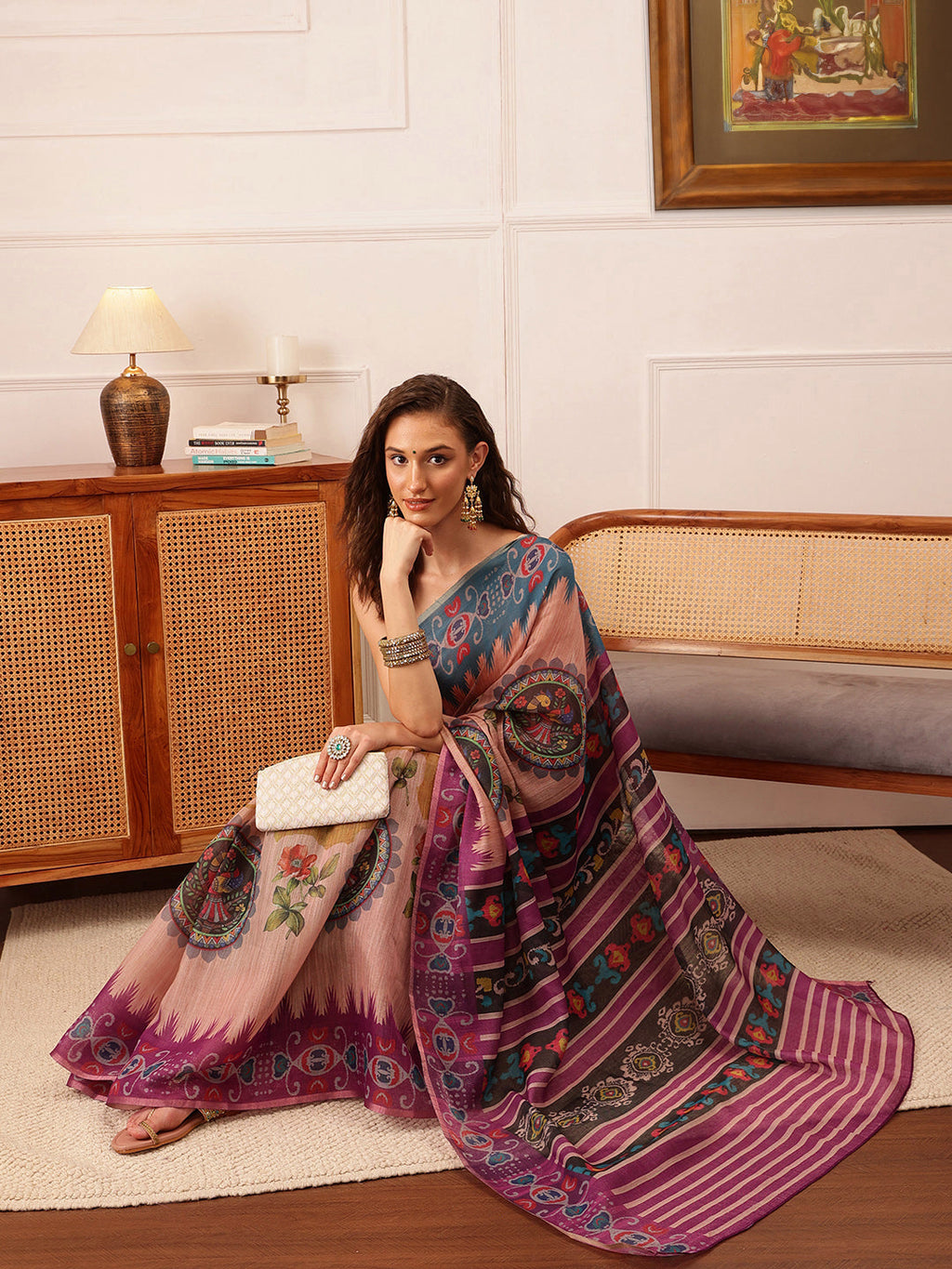 Hiral Fashion Beige Banarasi Silk Cotton Floral Digital Print Saree