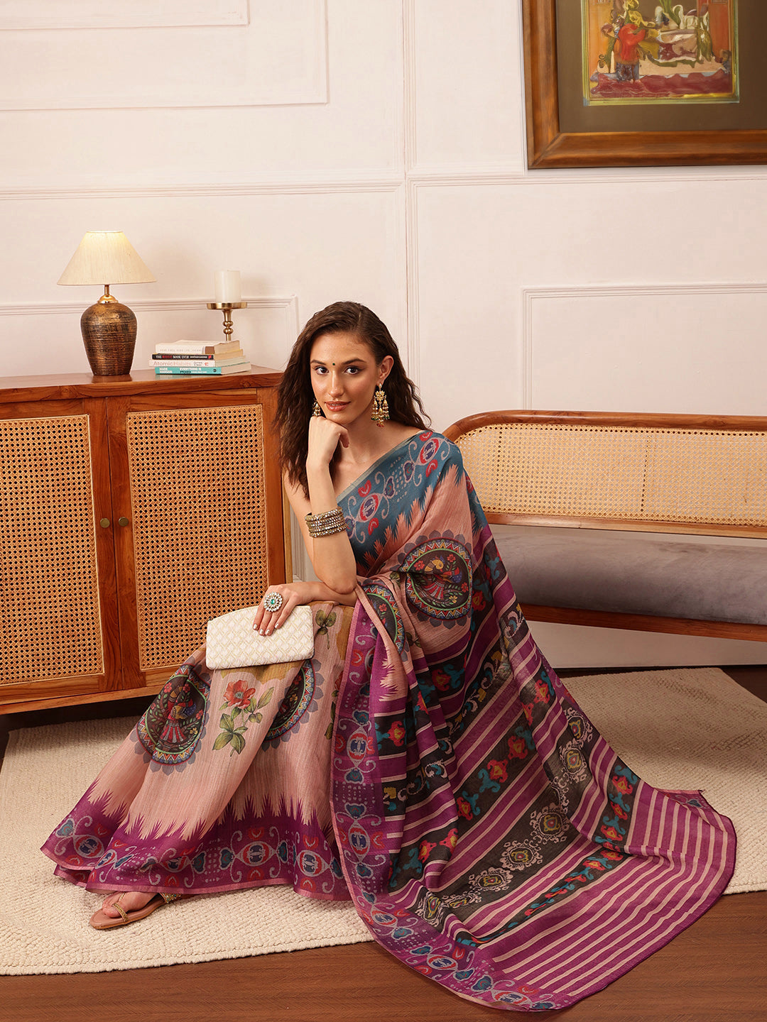 Hiral Fashion Beige Banarasi Silk Cotton Floral Digital Print Saree