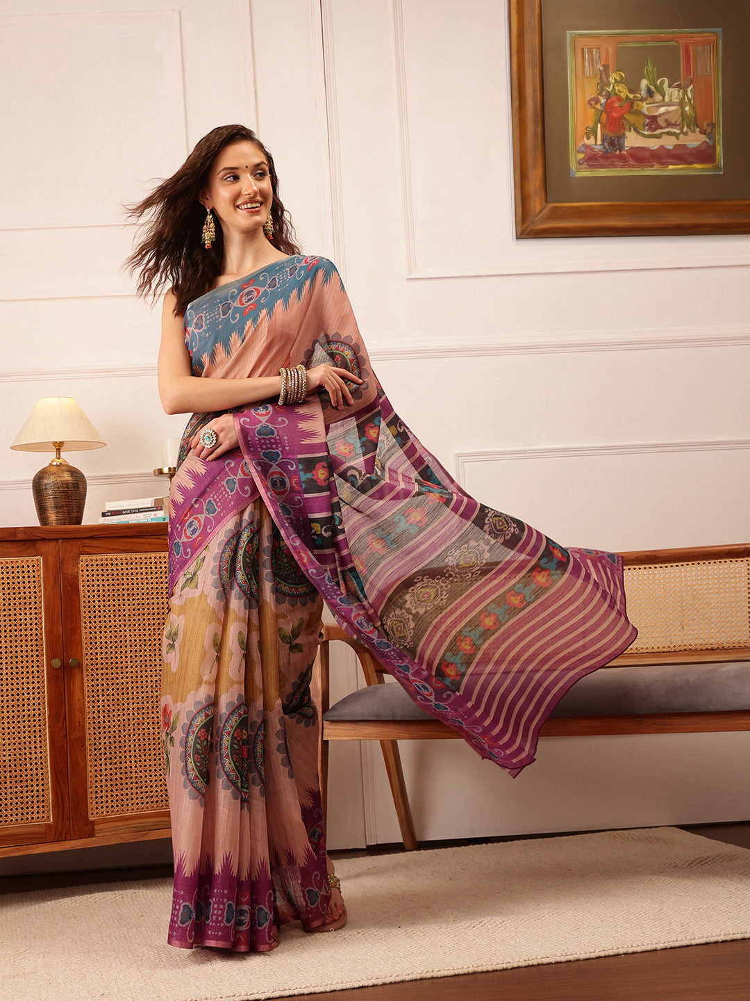 Hiral Fashion Beige Banarasi Silk Cotton Floral Digital Print Saree