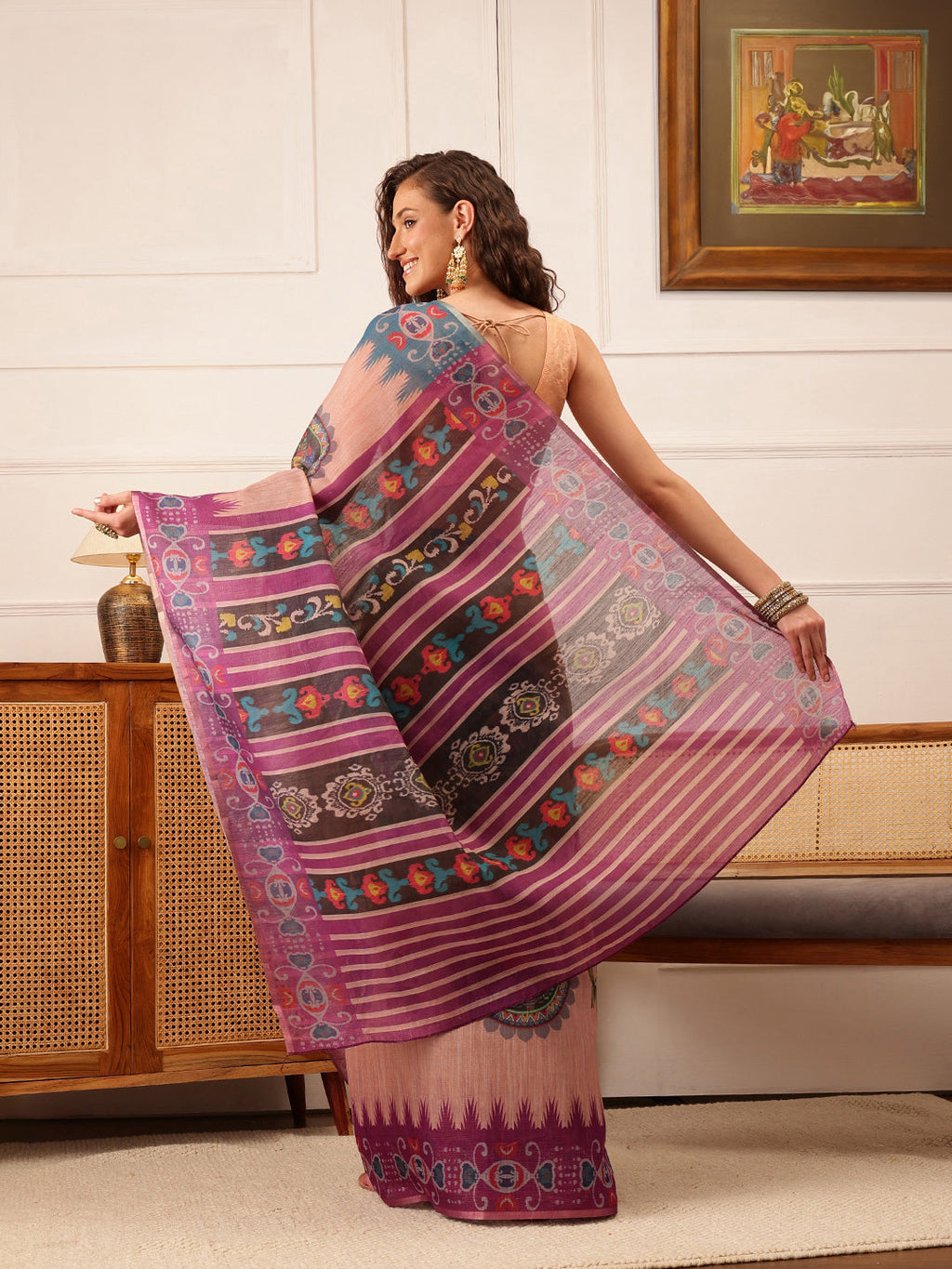 Hiral Fashion Beige Banarasi Silk Cotton Floral Digital Print Saree