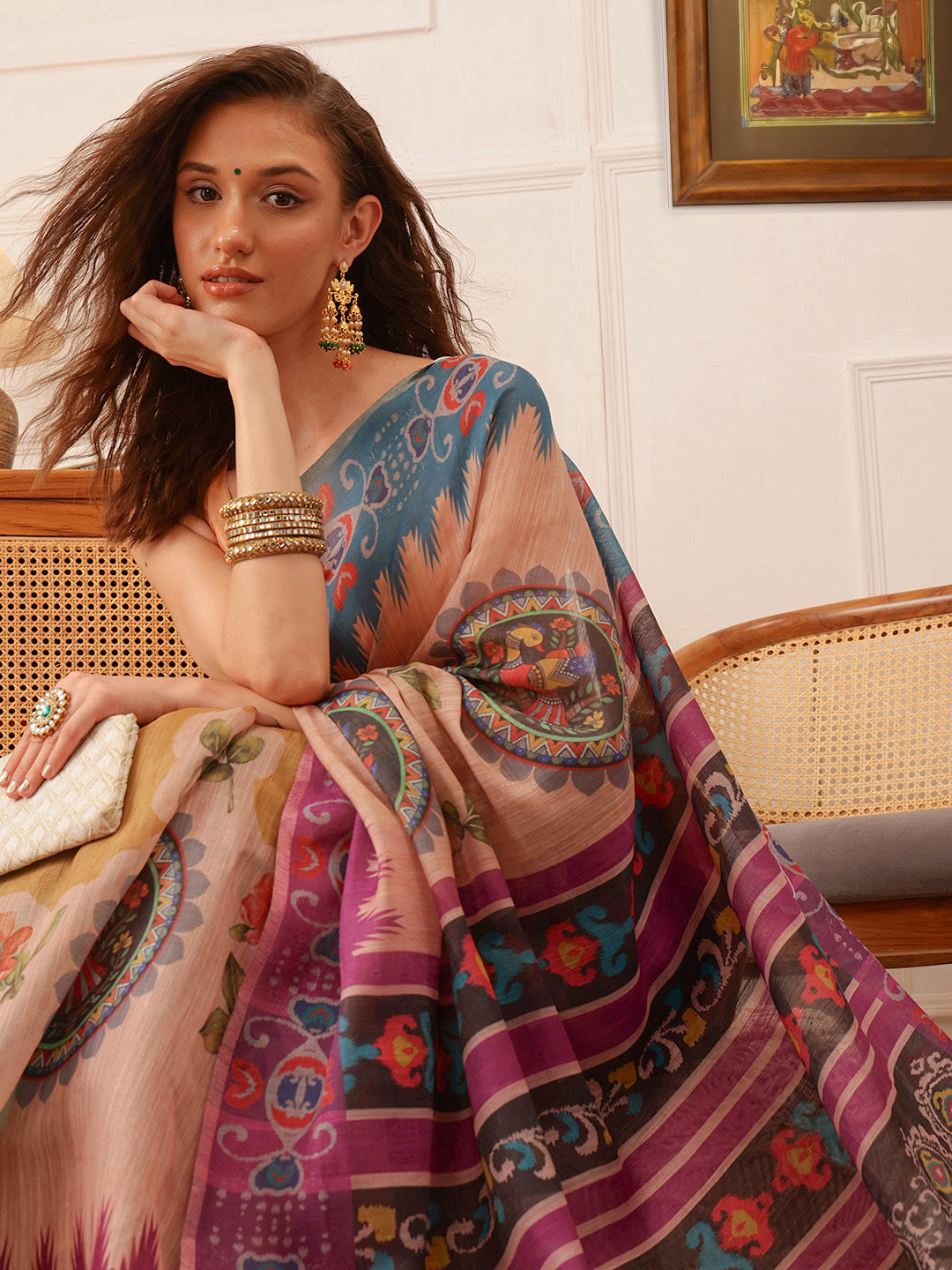 Hiral Fashion Beige Banarasi Silk Cotton Floral Digital Print Saree