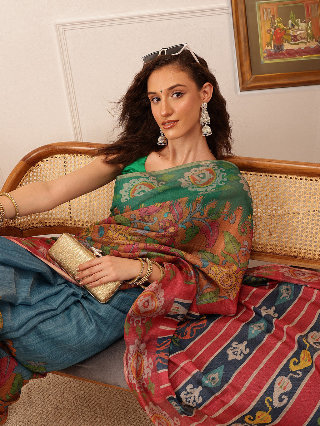 Hiral Fashion Blue Banarasi Silk Cotton Floral Digital Print Saree