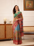 Hiral Fashion Blue Banarasi Silk Cotton Floral Digital Print Saree