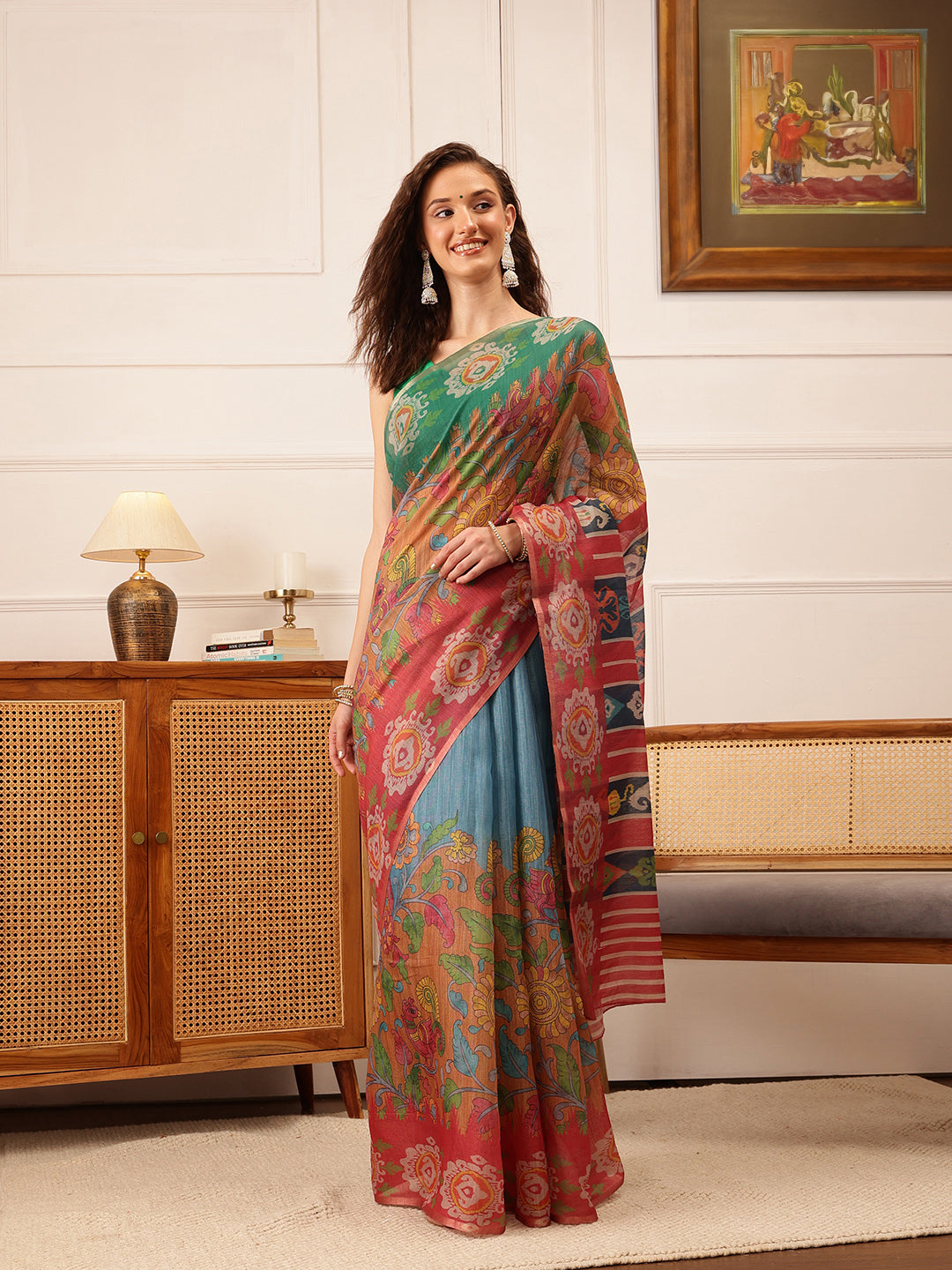Hiral Fashion Blue Banarasi Silk Cotton Floral Digital Print Saree