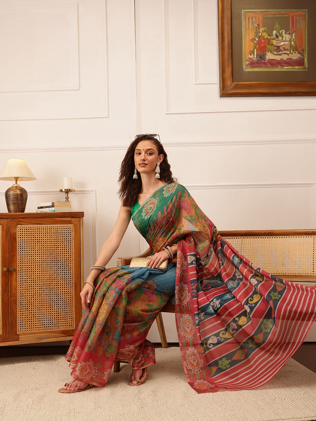 Hiral Fashion Blue Banarasi Silk Cotton Floral Digital Print Saree