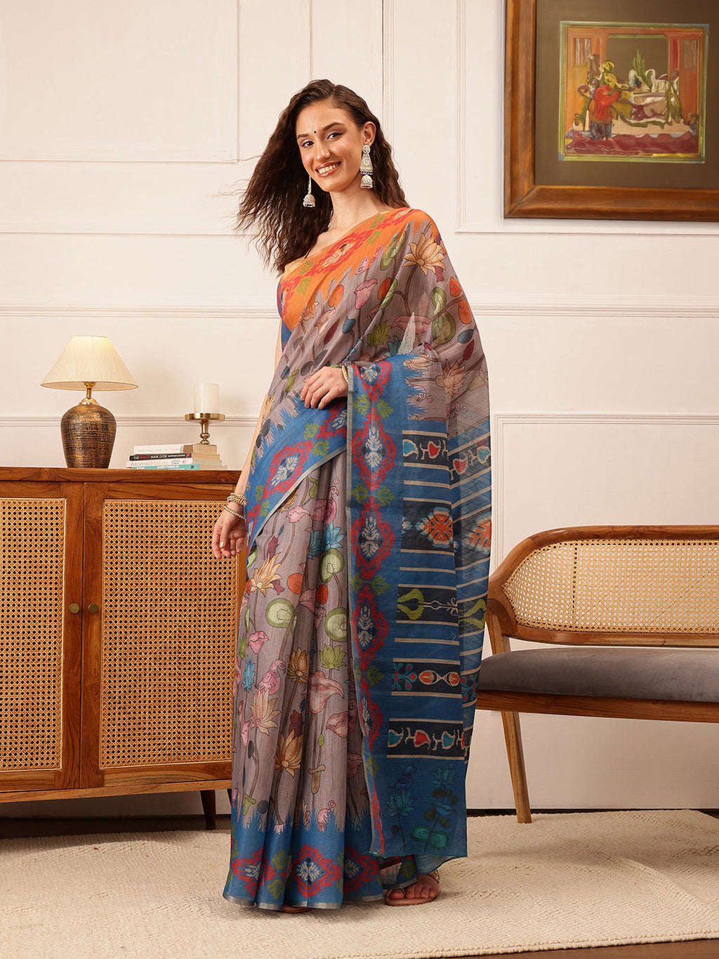Hiral Fashion Grey Banarasi Silk Cotton Floral Digital Print Saree