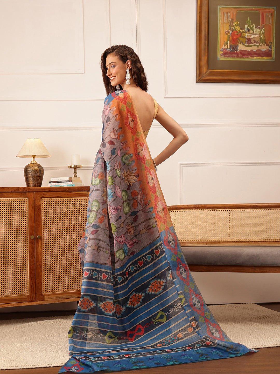 Hiral Fashion Grey Banarasi Silk Cotton Floral Digital Print Saree