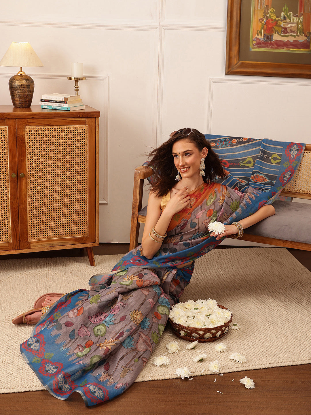 Hiral Fashion Grey Banarasi Silk Cotton Floral Digital Print Saree