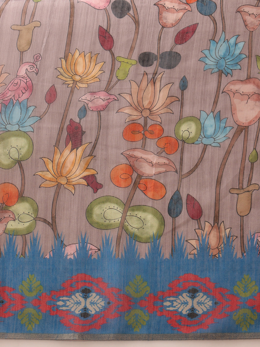 Hiral Fashion Grey Banarasi Silk Cotton Floral Digital Print Saree