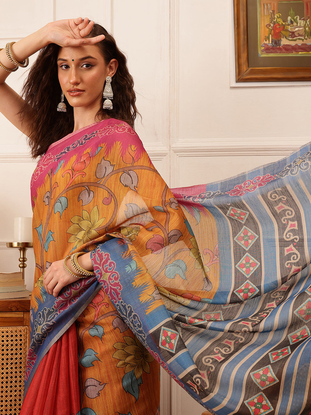 Hiral Fashion Mustard Banarasi Silk Cotton Floral Digital Print Saree
