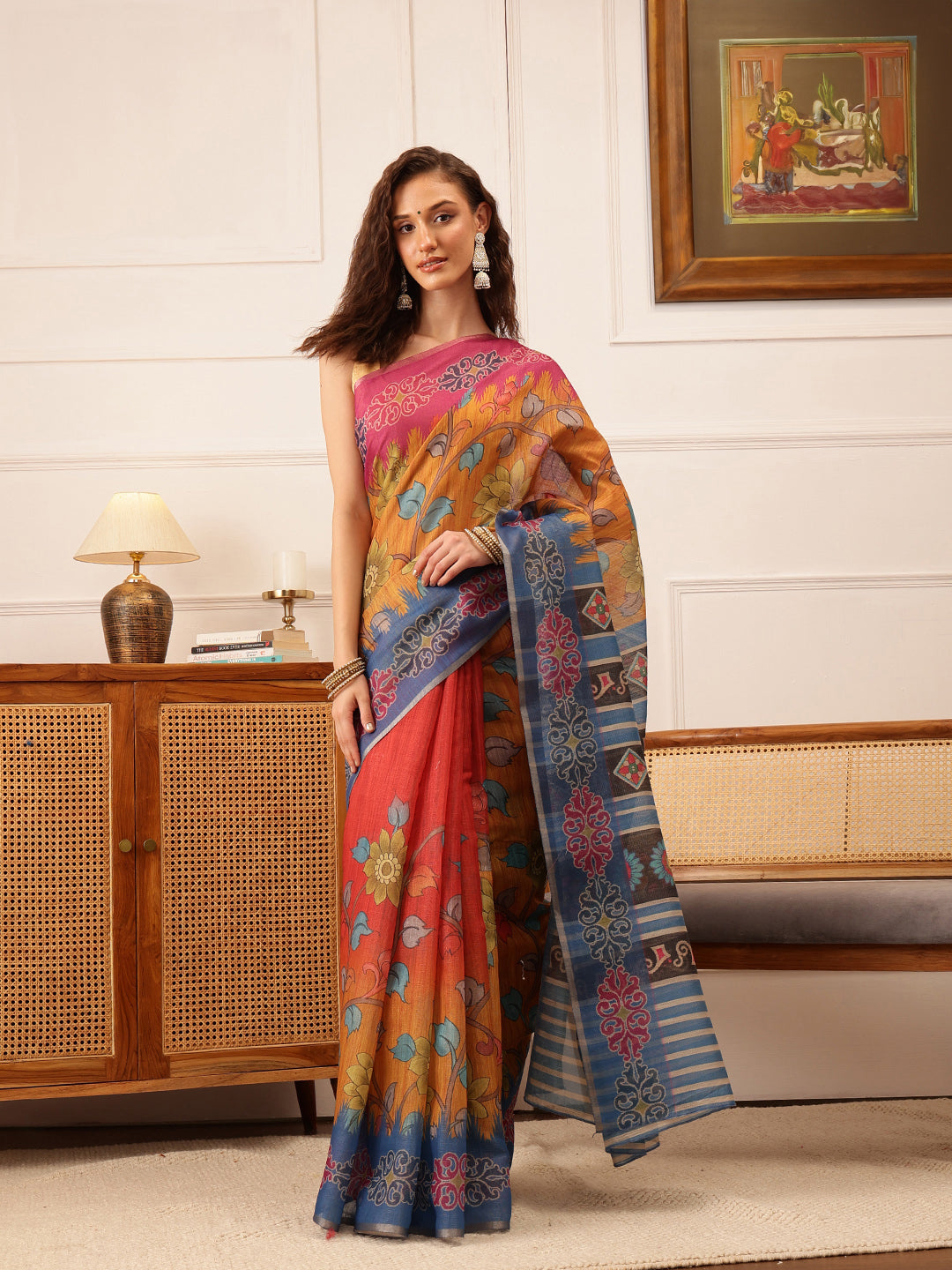 Hiral Fashion Mustard Banarasi Silk Cotton Floral Digital Print Saree