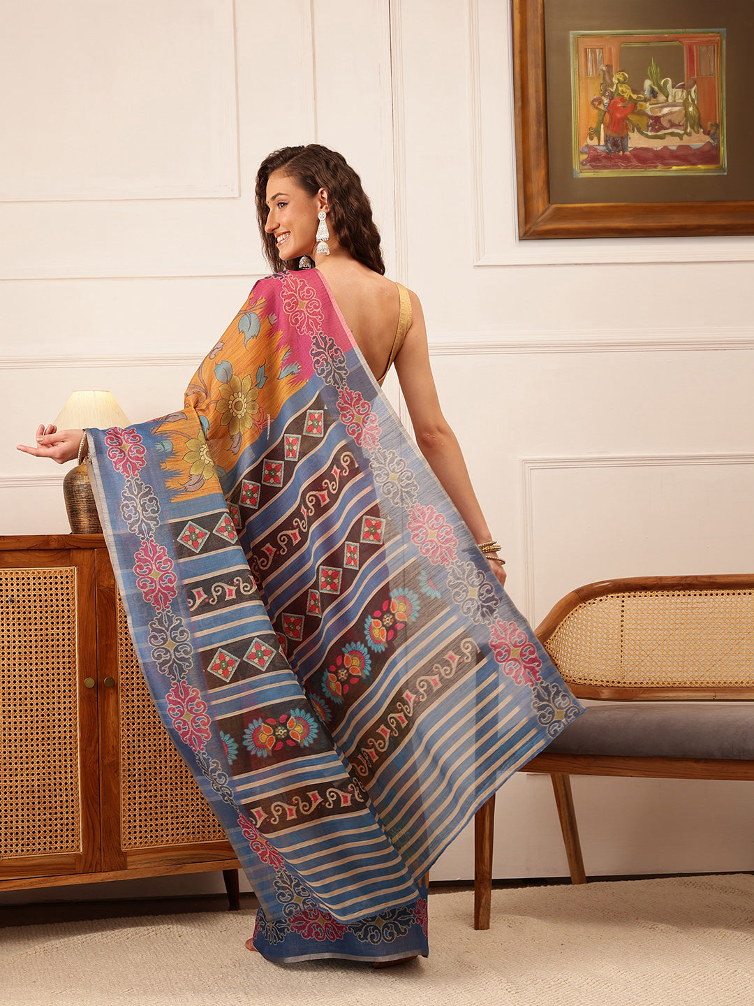 Hiral Fashion Mustard Banarasi Silk Cotton Floral Digital Print Saree