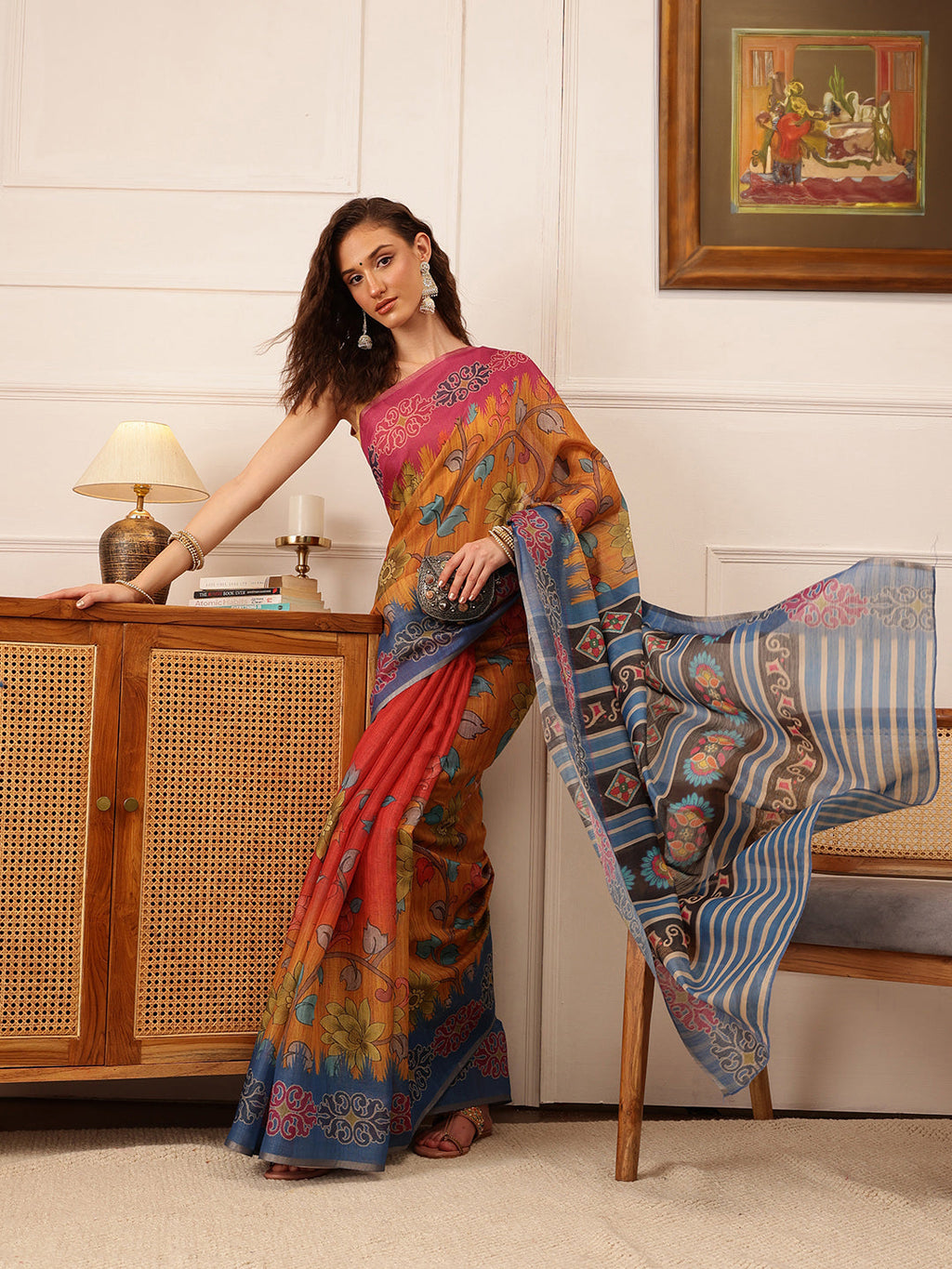 Hiral Fashion Mustard Banarasi Silk Cotton Floral Digital Print Saree