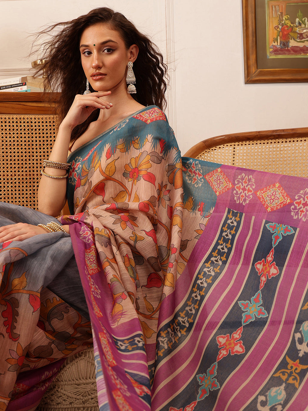 Hiral Fashion Purple Banarasi Silk Cotton Floral Digital Print Saree