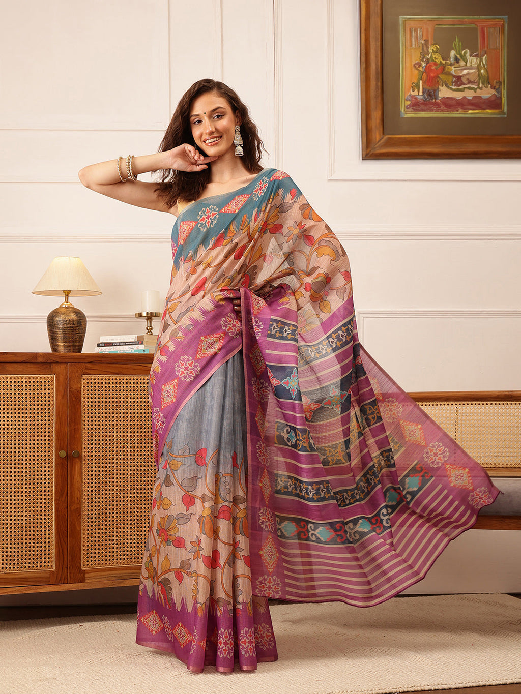 Hiral Fashion Purple Banarasi Silk Cotton Floral Digital Print Saree