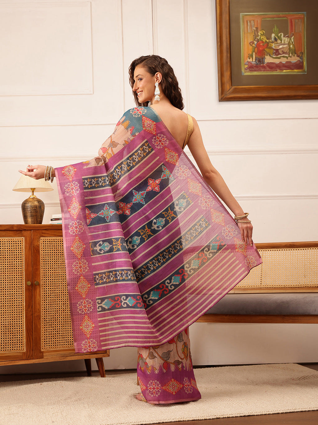 Hiral Fashion Purple Banarasi Silk Cotton Floral Digital Print Saree