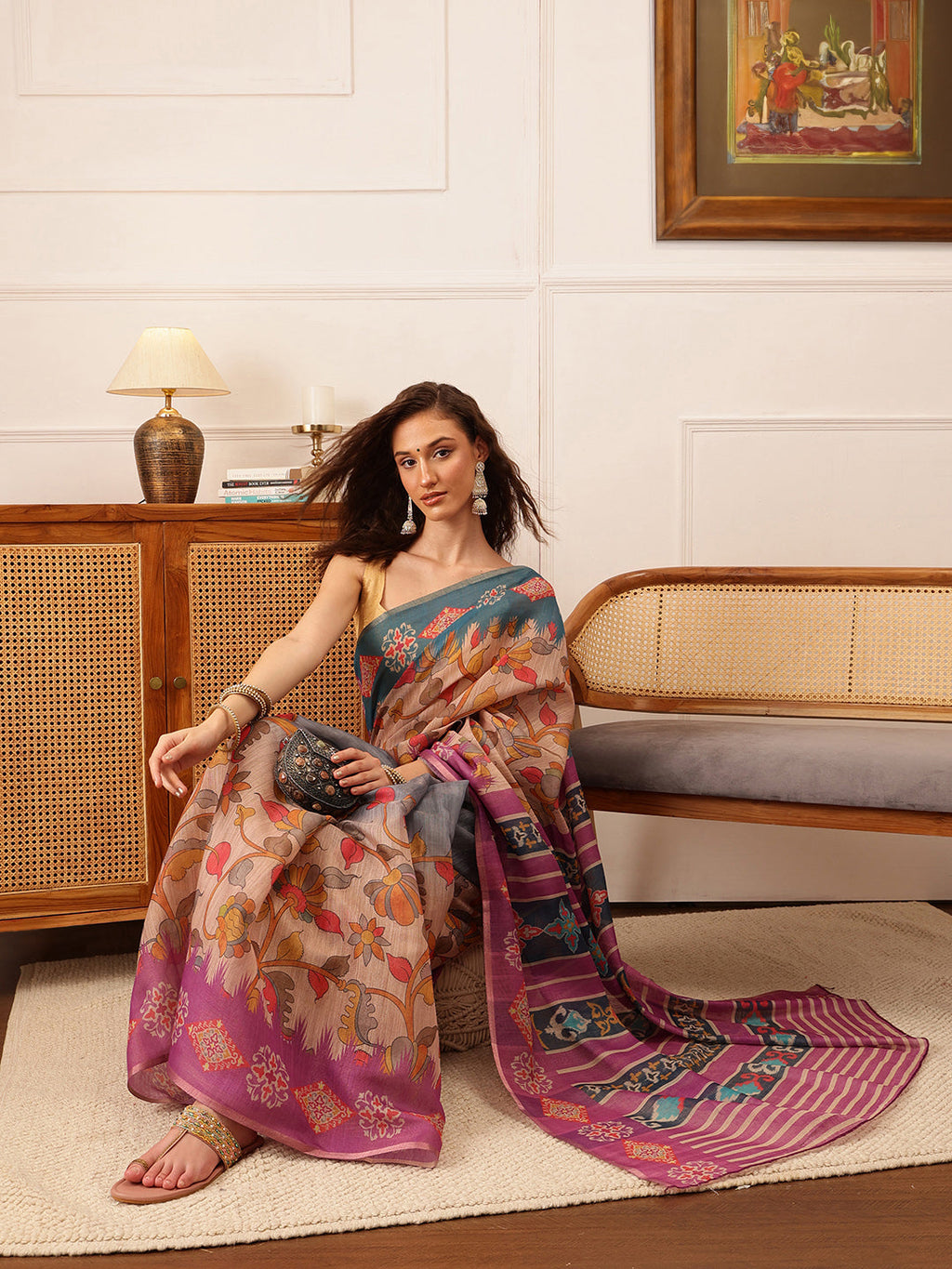 Hiral Fashion Purple Banarasi Silk Cotton Floral Digital Print Saree