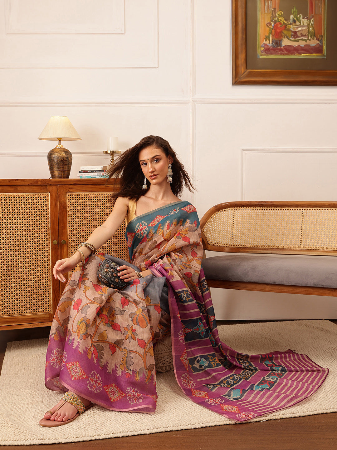 Hiral Fashion Purple Banarasi Silk Cotton Floral Digital Print Saree