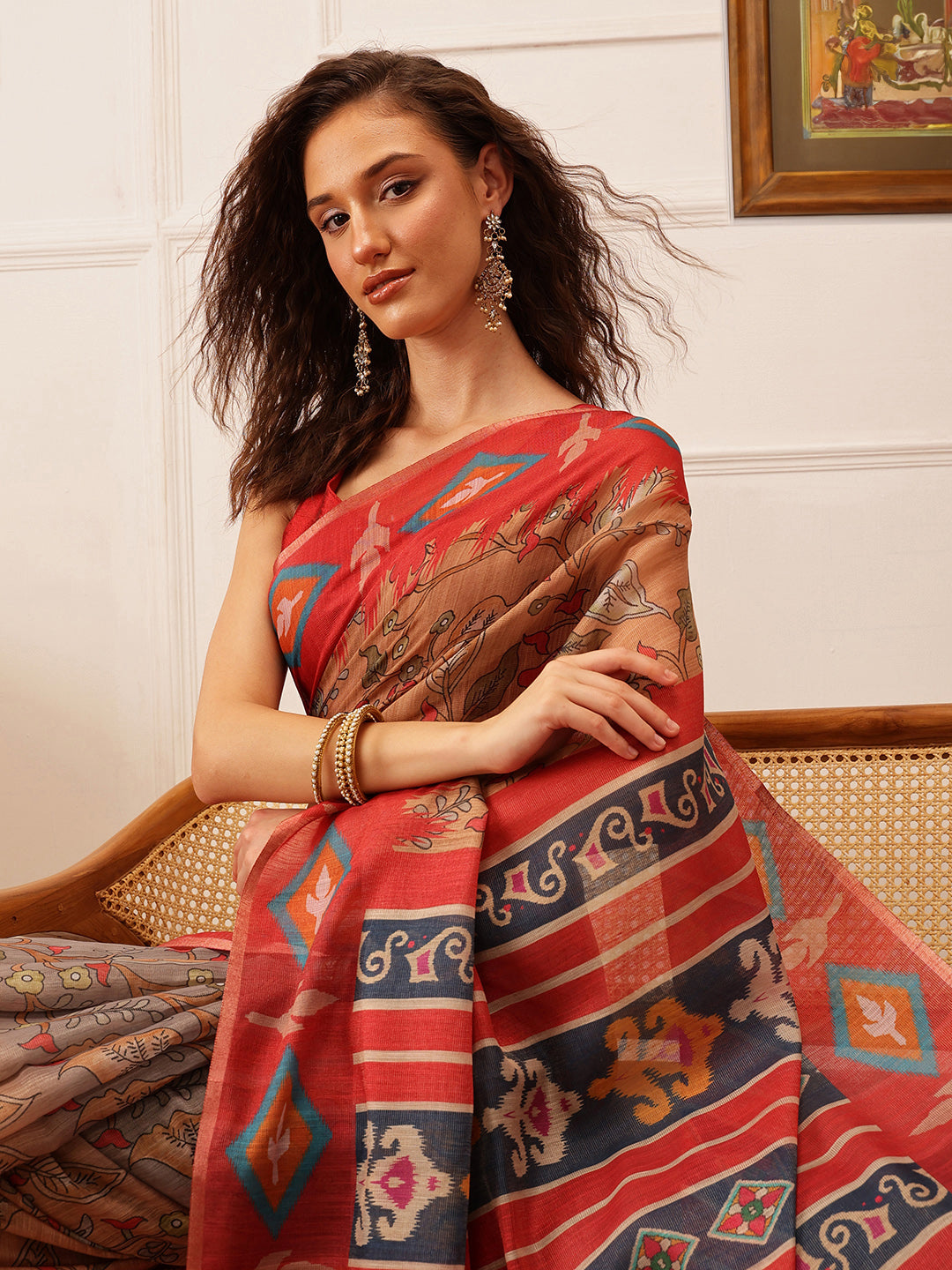 Hiral Fashion Red Banarasi Silk Cotton Floral Digital Print Saree