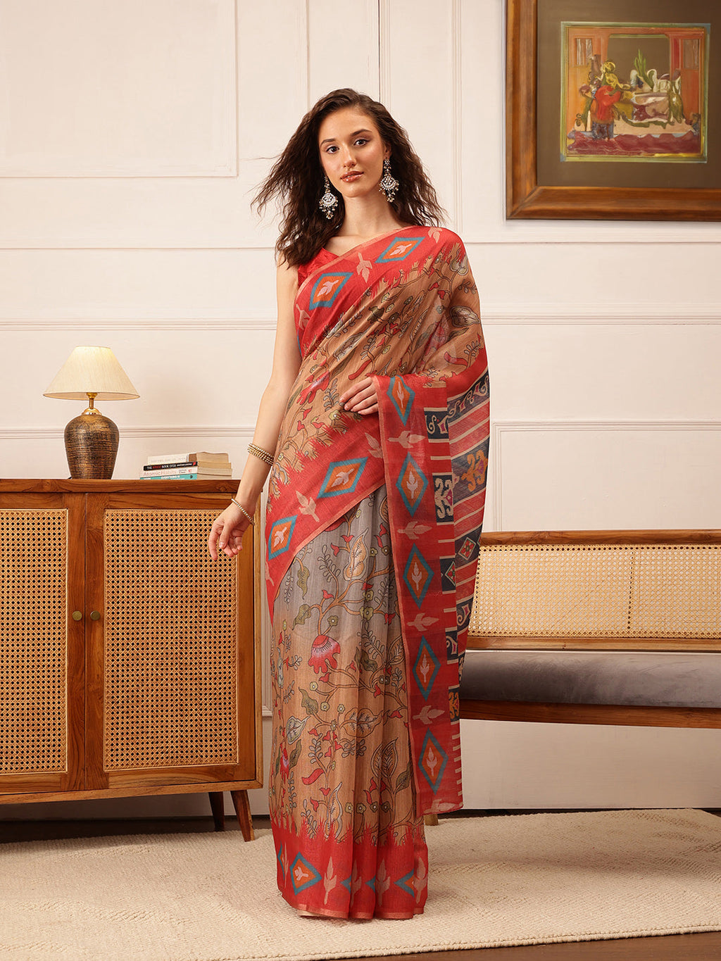 Hiral Fashion Red Banarasi Silk Cotton Floral Digital Print Saree