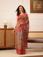 Hiral Fashion Red Banarasi Silk Cotton Floral Digital Print Saree