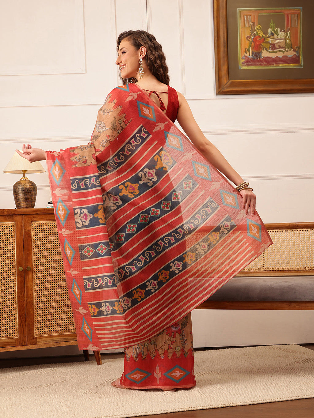 Hiral Fashion Red Banarasi Silk Cotton Floral Digital Print Saree