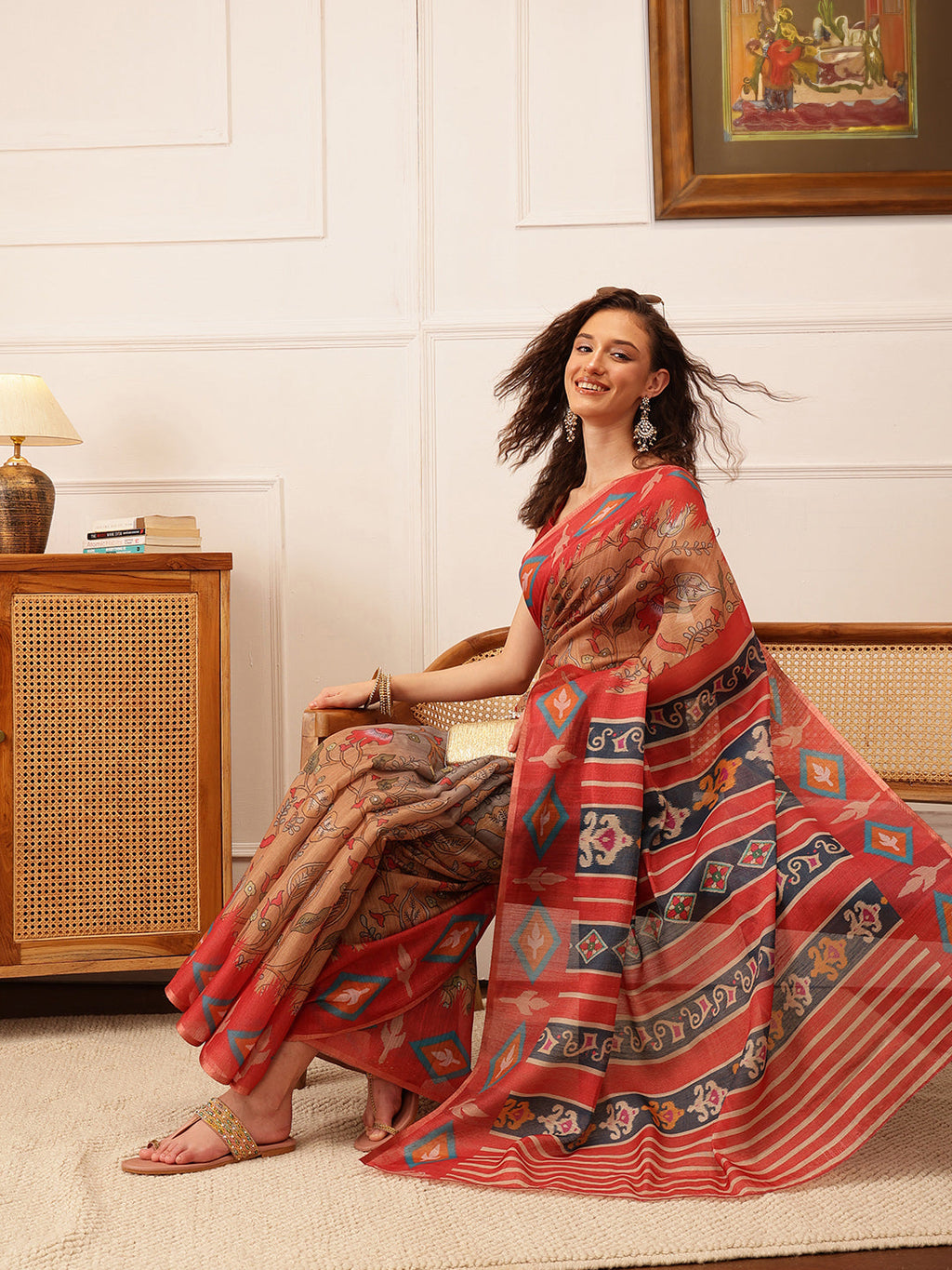 Hiral Fashion Red Banarasi Silk Cotton Floral Digital Print Saree