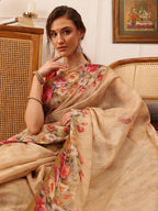 Hiral Fashion Beige Banarasi Silk Cotton Floral Digital Print Saree