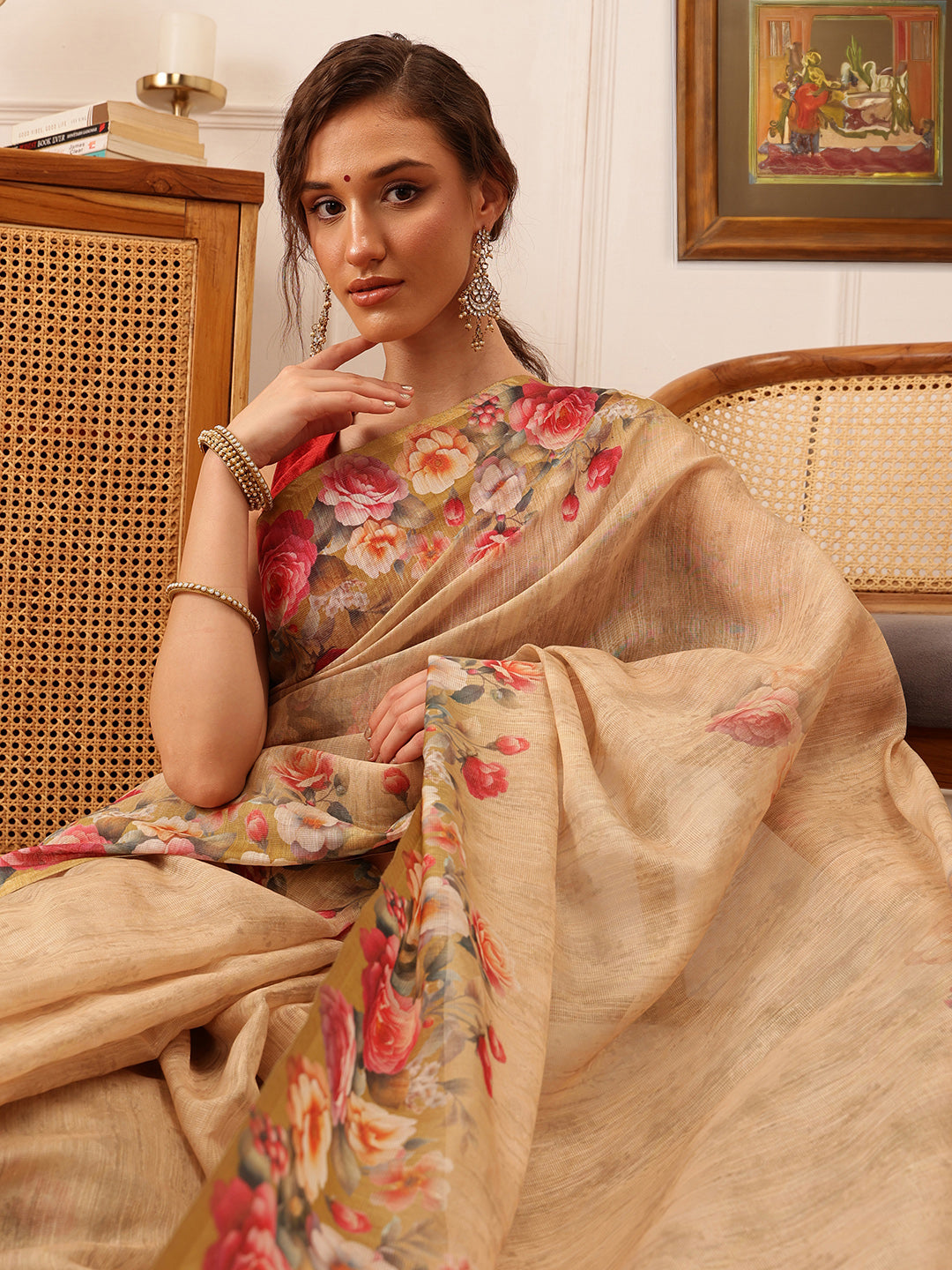 Hiral Fashion Beige Banarasi Silk Cotton Floral Digital Print Saree