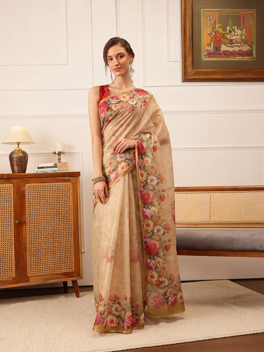 Hiral Fashion Beige Banarasi Silk Cotton Floral Digital Print Saree