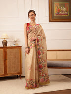 Hiral Fashion Beige Banarasi Silk Cotton Floral Digital Print Saree