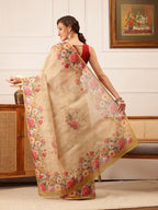 Hiral Fashion Beige Banarasi Silk Cotton Floral Digital Print Saree