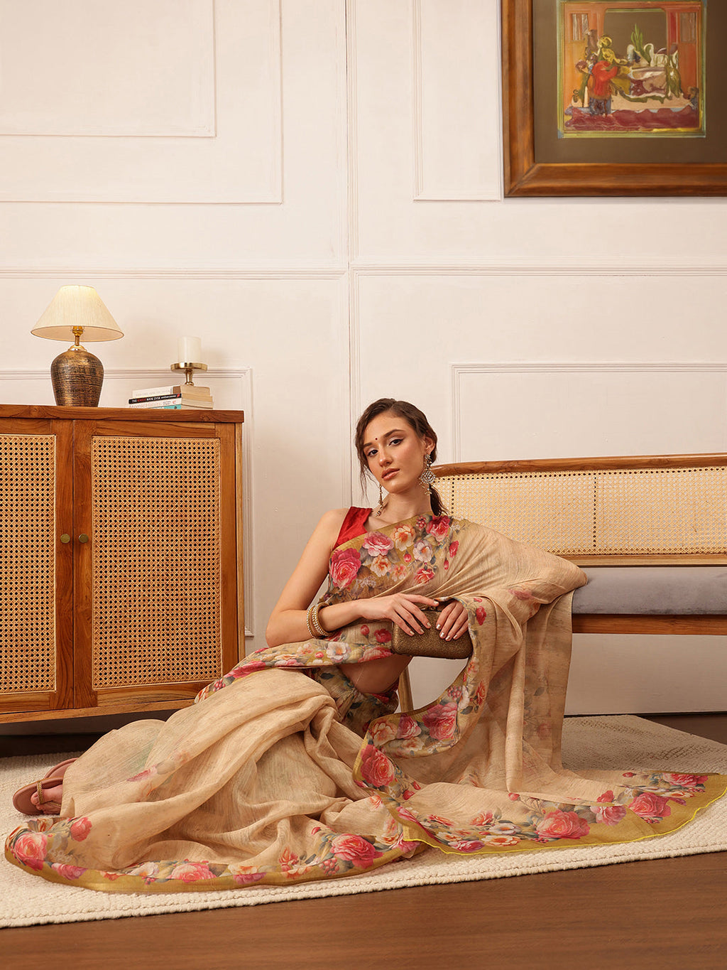 Hiral Fashion Beige Banarasi Silk Cotton Floral Digital Print Saree