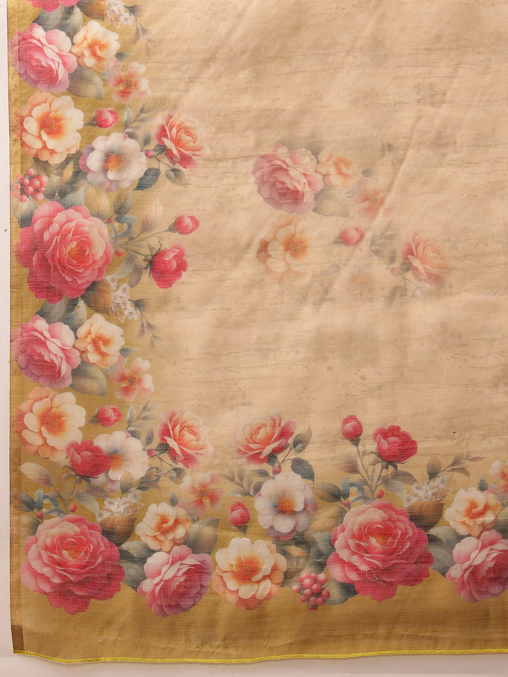 Hiral Fashion Beige Banarasi Silk Cotton Floral Digital Print Saree