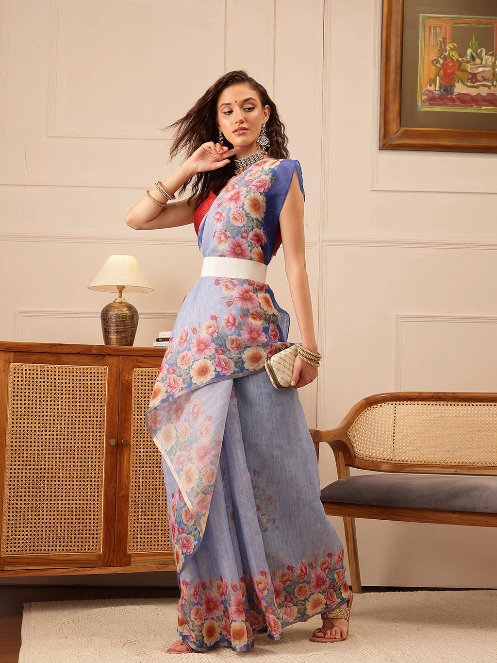 Hiral Fashion Blue Banarasi Silk Cotton Floral Digital Print Saree