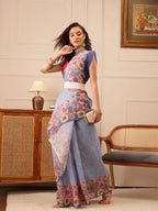 Hiral Fashion Blue Banarasi Silk Cotton Floral Digital Print Saree