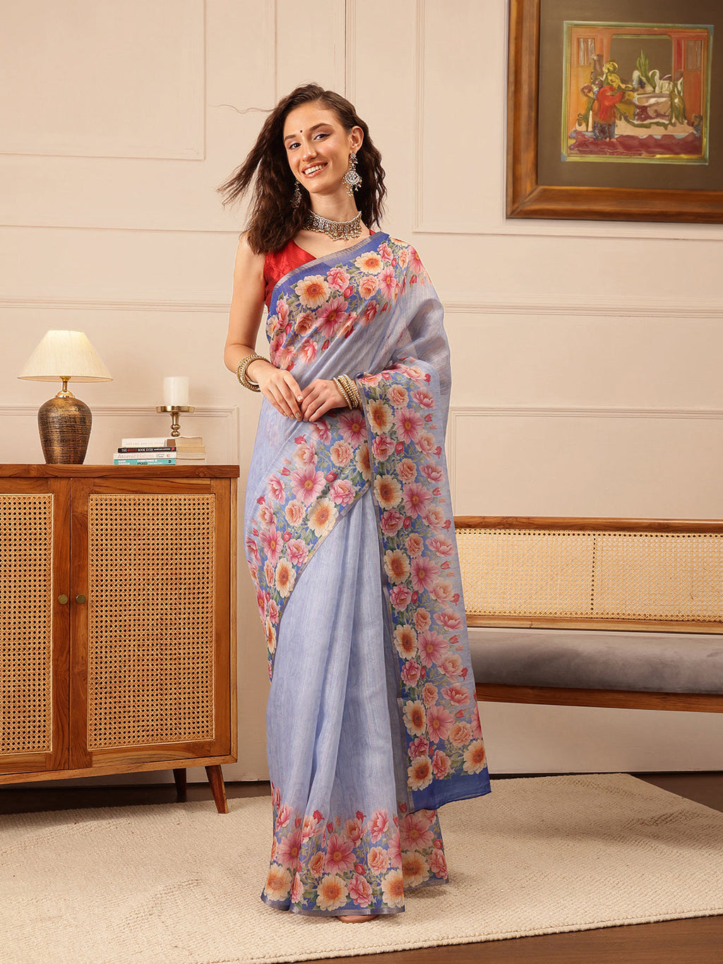 Hiral Fashion Blue Banarasi Silk Cotton Floral Digital Print Saree