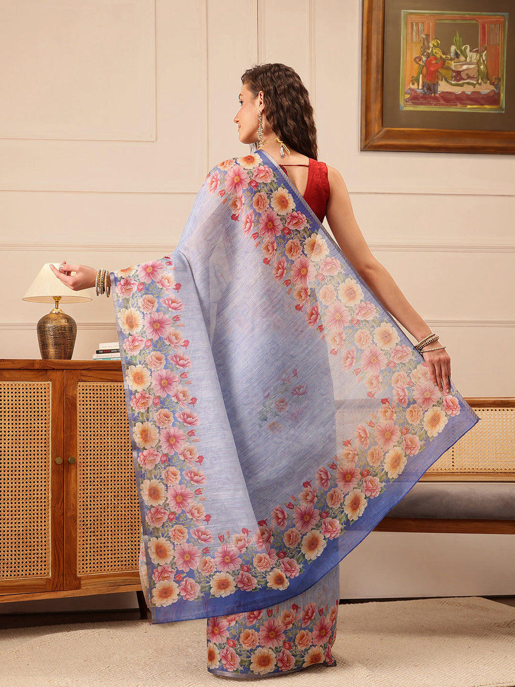 Hiral Fashion Blue Banarasi Silk Cotton Floral Digital Print Saree