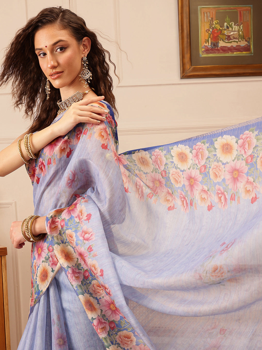 Hiral Fashion Blue Banarasi Silk Cotton Floral Digital Print Saree