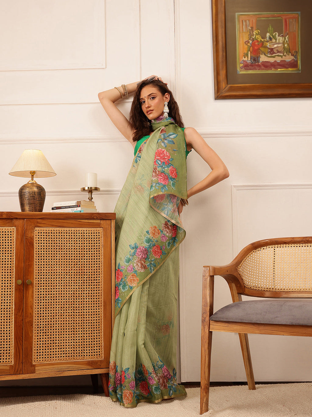 Hiral Fashion Green Banarasi Silk Cotton Floral Digital Print Saree