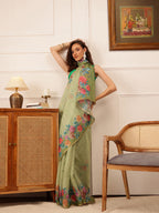 Hiral Fashion Green Banarasi Silk Cotton Floral Digital Print Saree