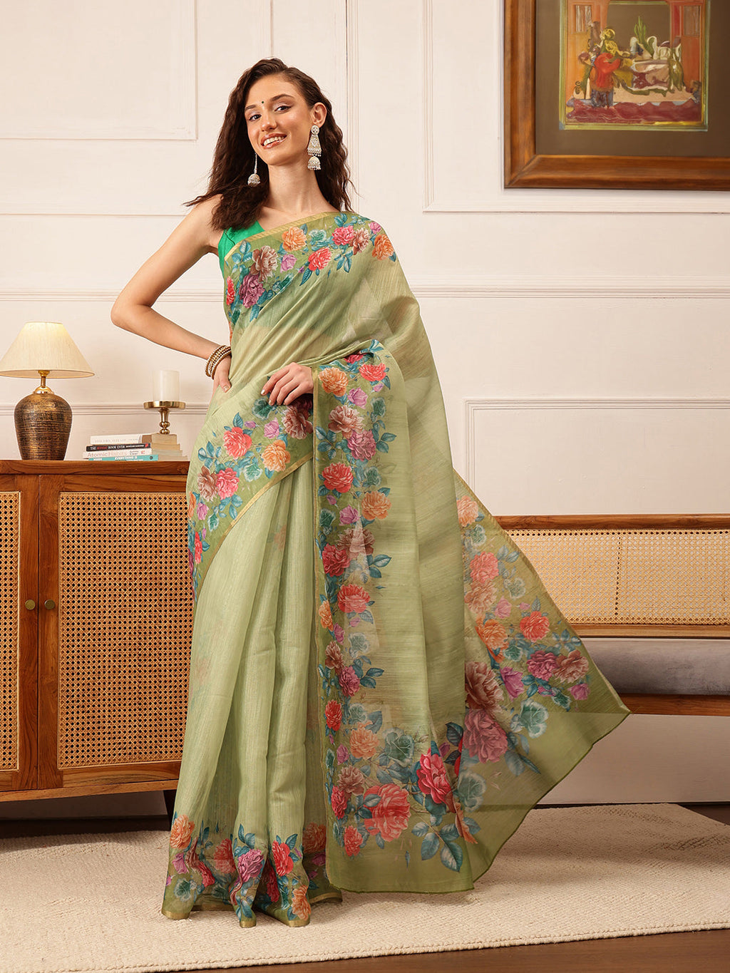 Hiral Fashion Green Banarasi Silk Cotton Floral Digital Print Saree