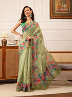 Hiral Fashion Green Banarasi Silk Cotton Floral Digital Print Saree