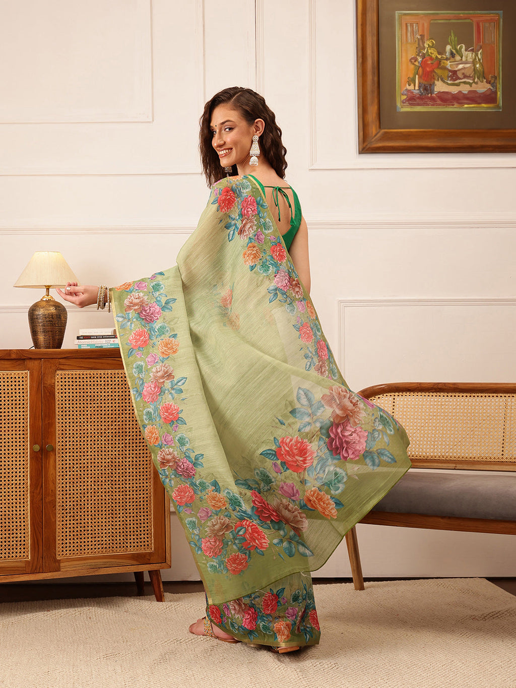 Hiral Fashion Green Banarasi Silk Cotton Floral Digital Print Saree