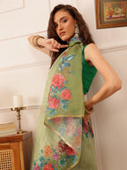 Hiral Fashion Green Banarasi Silk Cotton Floral Digital Print Saree