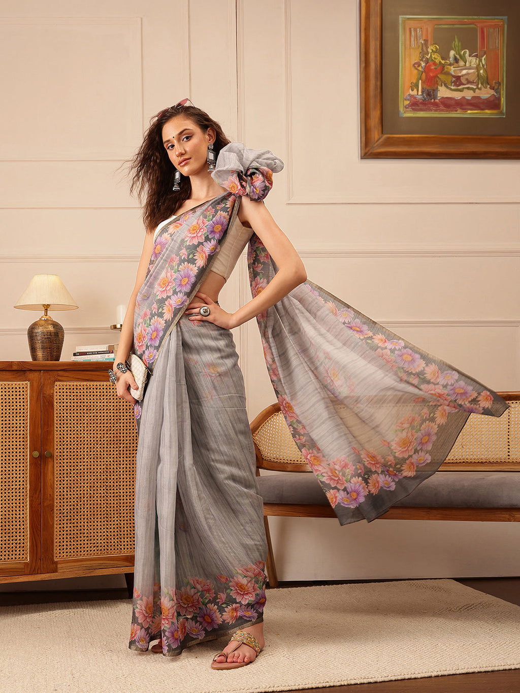 Hiral Fashion Grey Banarasi Silk Cotton Floral Digital Print Saree
