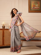Hiral Fashion Grey Banarasi Silk Cotton Floral Digital Print Saree