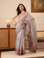 Hiral Fashion Grey Banarasi Silk Cotton Floral Digital Print Saree